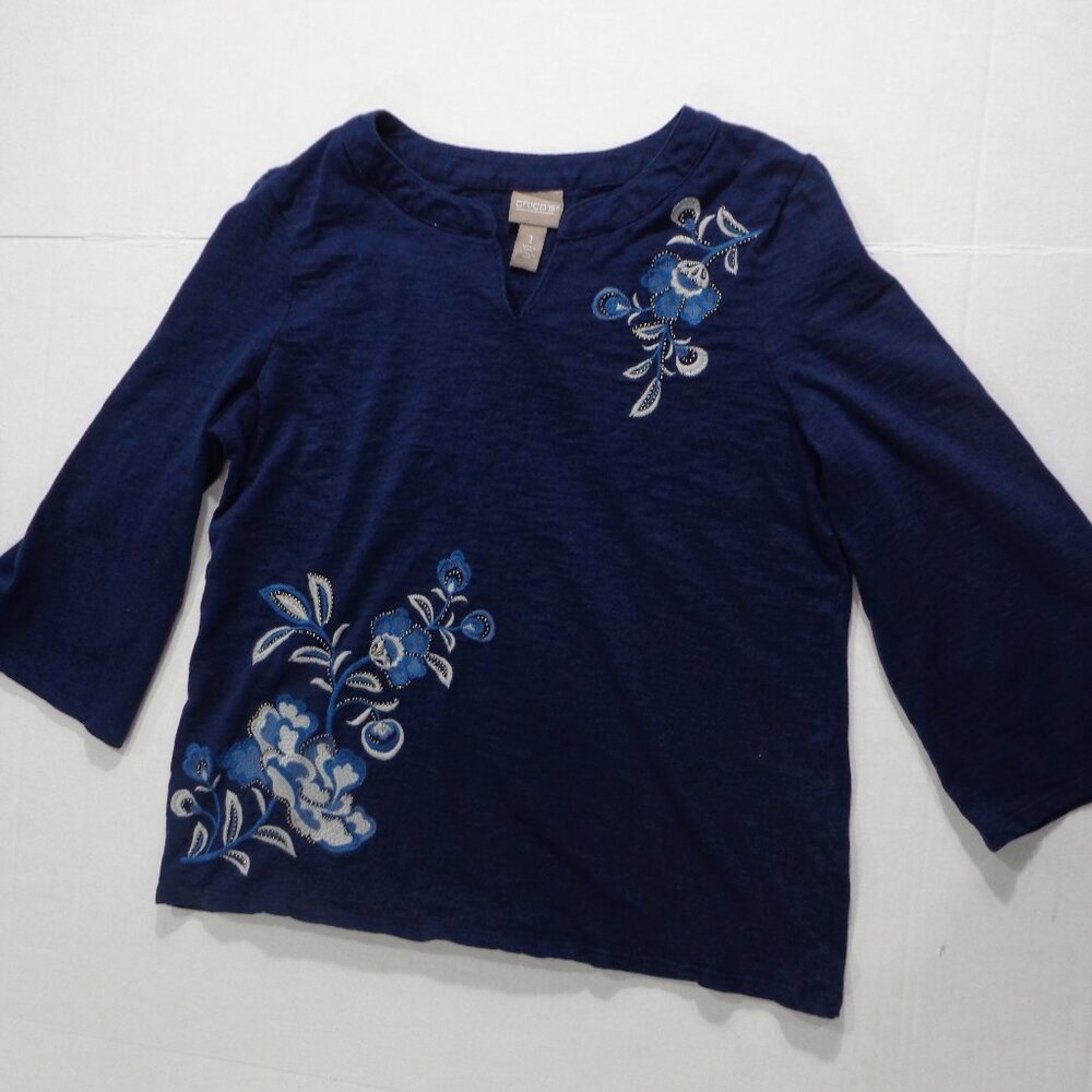 Chico's Women's Top Navy Blue Embroidered Floral 3/4 Sleeve Size 1‎ (8 Medium)